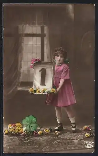 Foto-AK BNK Nr. 35134 /6: Mädchen trägt ein Tablett mit Kalenderblatt, Neujahrsgruss