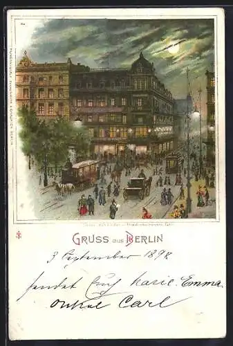 Lithographie Berlin, Unter den Linden Ecke Friedrichstrasse, Cafe Bauer