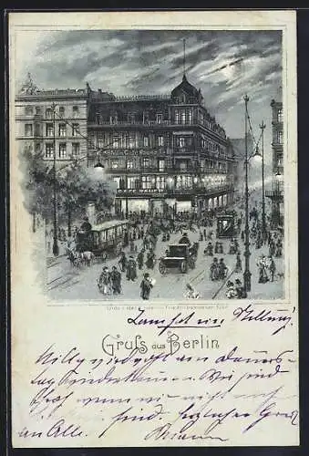 Lithographie Berlin, Hotel-Café Bauer, Unter den Linden, Ecke Friedrichstrasse