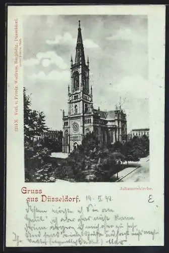 Mondschein-AK Düsseldorf, Blick zur Johanneskirche