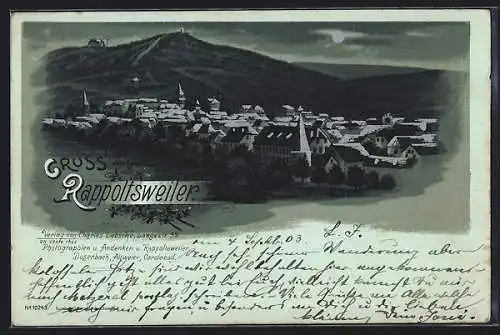 Mondschein-Lithographie Rappoltsweiler, Totalansicht gegen die Berge