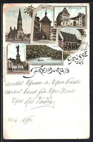 Lithographie Freiburg / Breisgau, Münster, Martinsthor, Alte Universität, Kaufhaus, Waldsee, Sieges-Denkmal