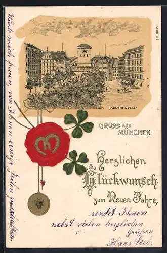 Lithographie München, Blick auf den Isarthorplatz, Siegel mit Hufeisen und Glücksklee, Neujahrskarte