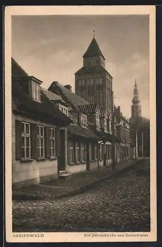 AK Greifswald, Jakobikirche mit Domstrasse