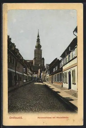 AK Greifswald, Hunnenstrasse mit Nicolaikirche