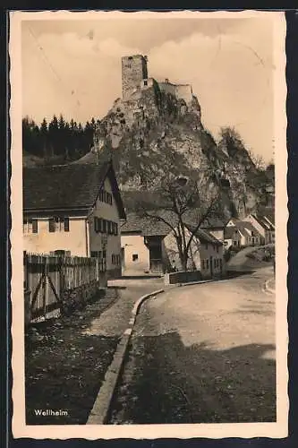 AK Wellheim, Ortspartie mit Blick zur Burg