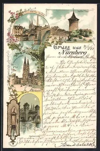 Lithographie Nürnberg, Karls-Brücke, Laufer Thor, St. Lorenz-Kirche an der Königsstrasse, Henkersteg