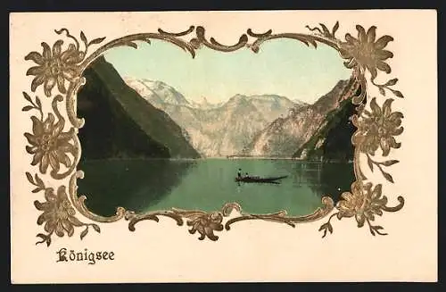 AK Königsee / Berchtesgaden, Panoramablick in die Berge im Edelweiss-Passepartout
