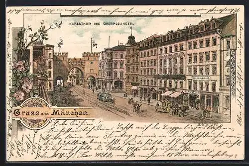 Lithographie München, Karlsthor und Oberpollinger, Private Stadtpost Courier