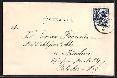 Lithographie München, Karlsthor und Oberpollinger, Private Stadtpost Courier