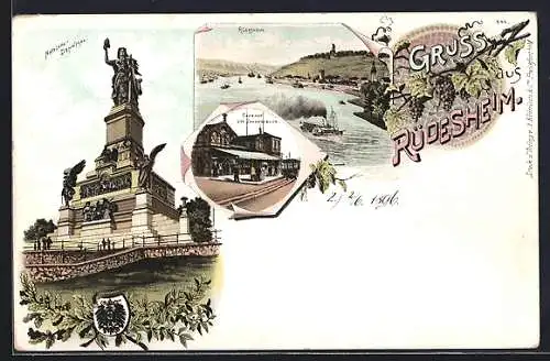 Lithographie Rüdesheim am Rhein, National-Denkmal, Ortsansicht, Bahnhof der Zahnradbahn