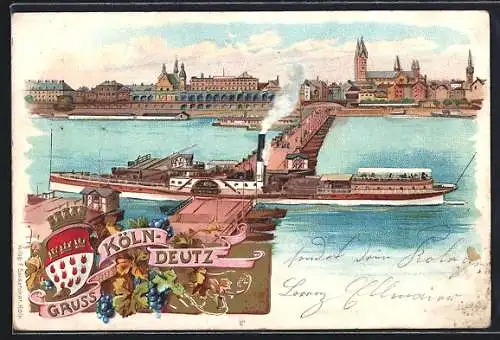 Lithographie Köln-Deutz, Salondampfer Siegfried passiert die Schiffbrücke