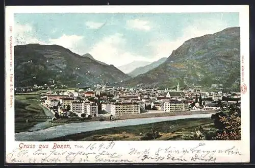 AK Bozen /Tirol, Stadtpanorama mit Flusspartie