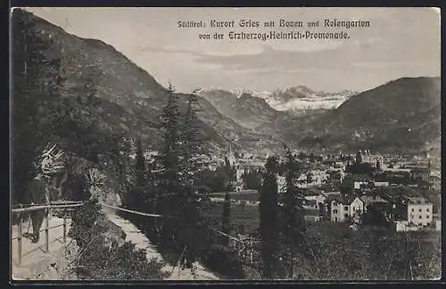 AK Bozen-Gries, Spaziergänger auf der Erzherzog-Heinrich-Promenade