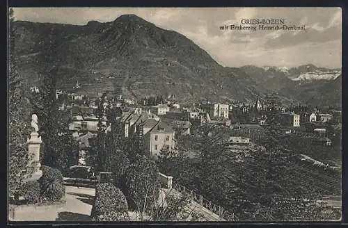 AK Gries-Bozen, Teilansicht mit Erzherzog Heinrich-Denkmal