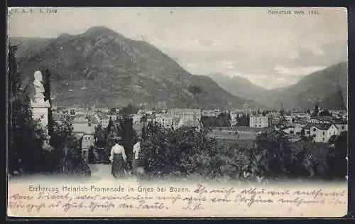 AK Gries bei Bozen, Erzherzog Heinrich-Promenade mit Denkmal