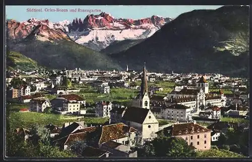 AK Gries-Bozen, Blick über die Stadt zum Rosengarten