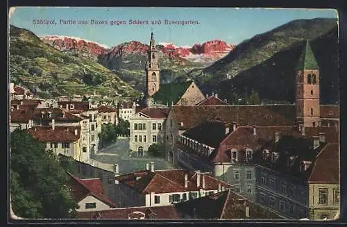 AK Bozen /Bolzano, Partie aus der Stadt gegen Schlern und Rosengarten