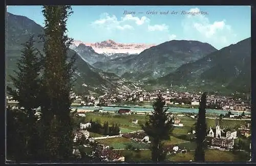 AK Bozen-Gries, Stadtansicht mit dem Rosengarten