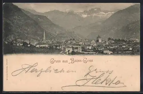 AK Bozen-Gries, Stadtansicht mit Bergpanorama