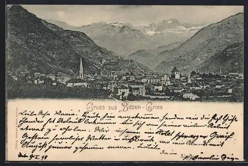 AK Bozen-Gries, Stadtansicht mit Bergpanorama