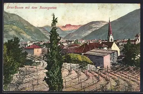 AK Gries-Bozen, Blick über die Dächer zum Rosengarten