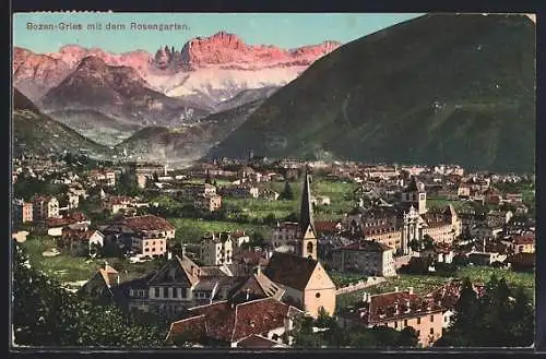 AK Bozen-Gries, Totalansicht des Ortes mit dem Rosengarten