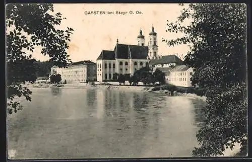 AK Garsten bei Steyr, Uferpartie mit Kirche