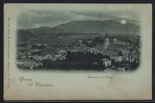 Mondschein-AK Mondsee, Teilansicht mit Kirche von Osten