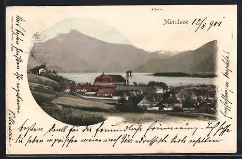AK Mondsee, Teilansicht mit Bergen