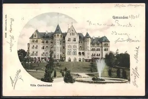AK Gmunden, Villa Cumberland mit Brunnen