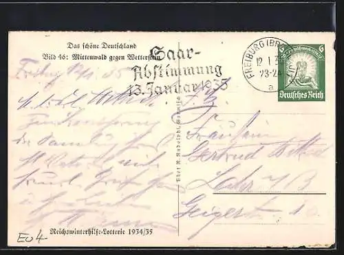 AK Mittenwald, Blick zum Wetterstein WHW Winterhilfswerk 1934 /35