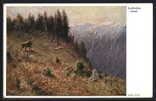 Künstler-AK Arthur Thiele: Hirsch in einem spätherbstlichen Wald