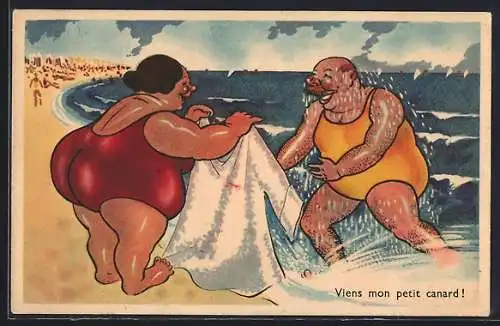 AK Beleibte Dame und kräftiger Herr in Badeanzügen am Strand, Karikatur