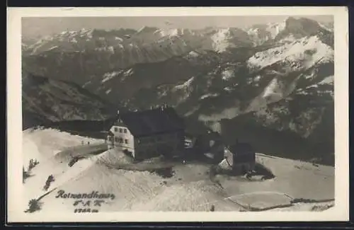 AK Rotwandhaus, Berghütte aus der Vogelschau im Schnee