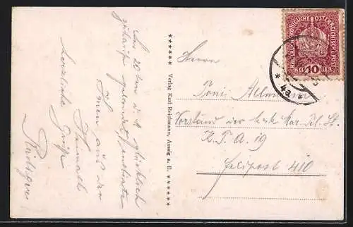 AK Schreckenstein, Blick auf Burgruine im Frühling