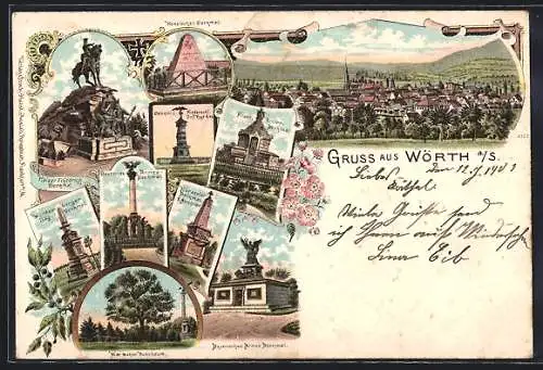 Lithographie Wörth, Panorama, Bayerisches, Hessisches & Deutsches Armee-Denkmal