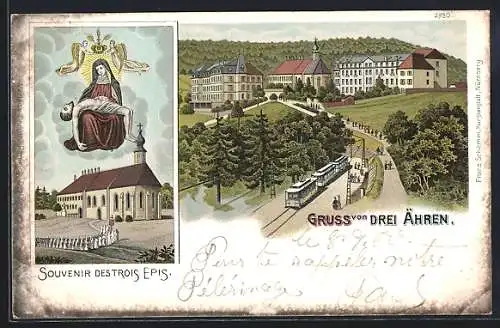 Lithographie Drei Ähren, Ortspartie mit Strassenbahn, Les Trois Epis