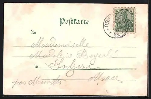 Lithographie Drei Ähren, Ortspartie mit Strassenbahn, Les Trois Epis