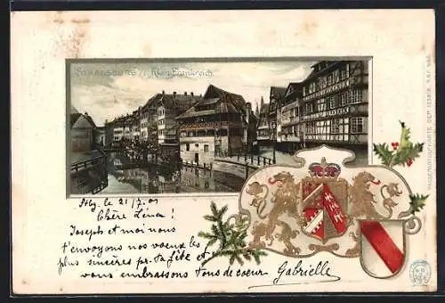 Lithographie Strassburg, Strassenpartie in Klein-Frankreich, Wappen