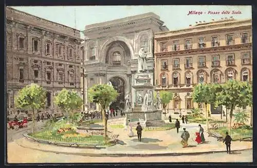 Künstler-AK Milano, Piazza della Scala, Denkmal