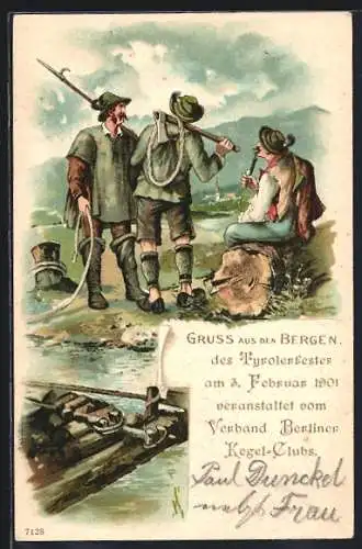 Lithographie Gruss aus den Bergen, drei Flösser