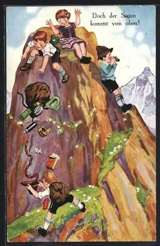 AK Doch der Segen kommt von oben!, junge Bergsteiger auf einer Bergspitze