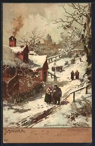 Künstler-Lithographie Theodor Guggenberger: Allegorie Monat Januar, Kinder rodeln mit Schlitten im Schnee