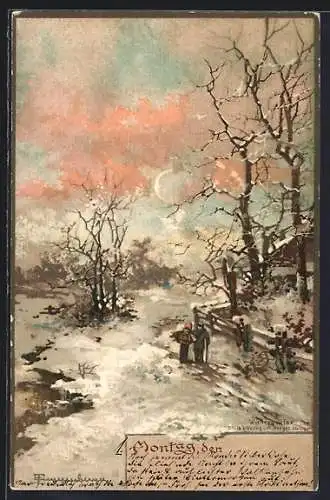 Künstler-Lithographie Theodor Guggenberger: Montag, winterliche Landschaft mit Sichelmond, Allegorie