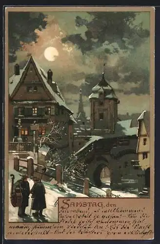 Künstler-AK Theodor Guggenberger: Samstag, Ortspartie im Winter