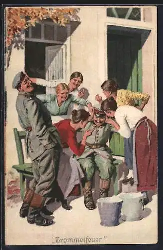 Künstler-AK Arthur Thiele unsign.: Soldat wird von jungen Frauen umringt, Trommelfeuer