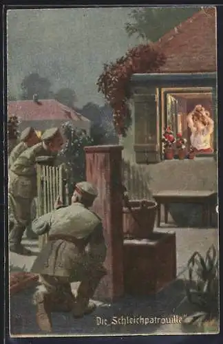 Künstler-AK Arthur Thiele: Die Schleichpatrouille, Soldaten am Fenster einer Frau, die sich die Haare frisiert