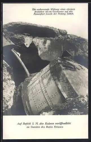 Foto-AK Schlacht um Lüttich, Panzerfort Loucin, zerstörter Geschützturm nach Treffer einer 42cm Granate