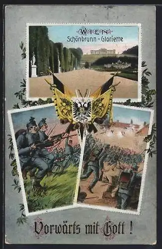 AK Wien-Schönbrunn, Gloriette und Soldaten im Sturmangriff, Österr.- Ungar. Fahne und Wappen